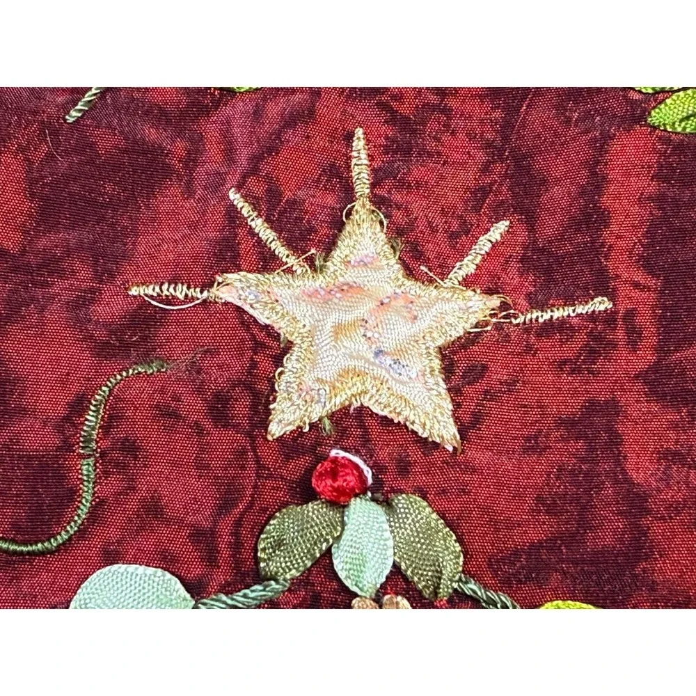 Holiday Christmas Tree Embroidered Table Cloth Shimmery‎ Silky Red Green Trim